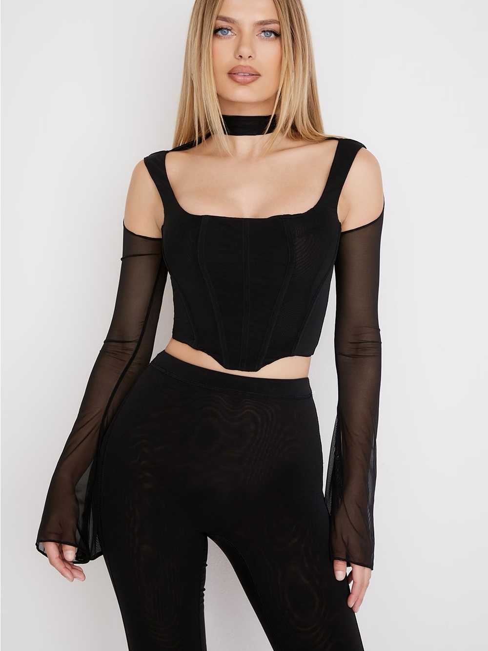 House of CB Paulina Black High-Neck Off-Shoulder Corset Top with Sheer Sleeves